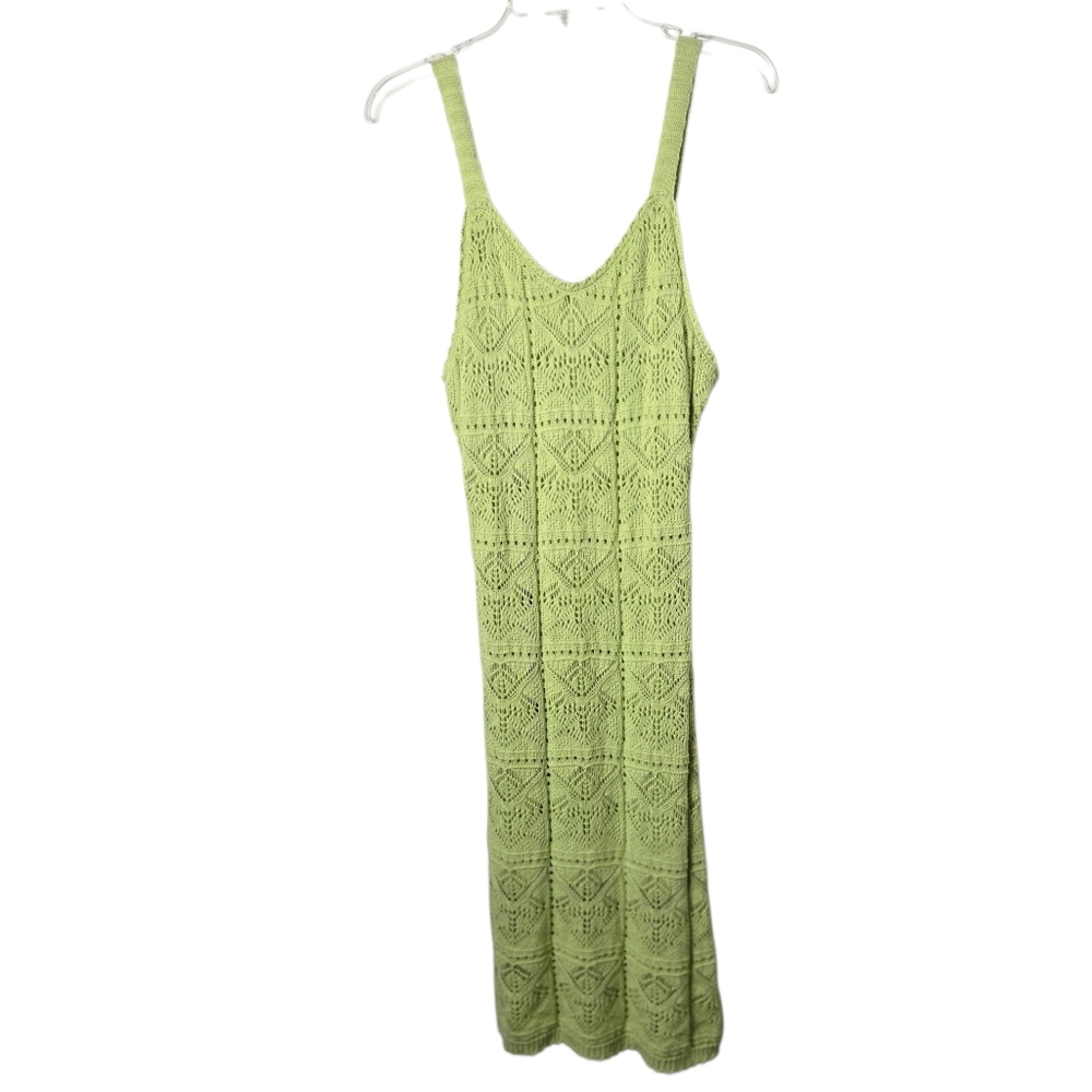 Freshman 1996 Lime Green Crochet Knit Boho V Neck Maxi Tank Dress Semi Sheer M - Picture 6 of 15